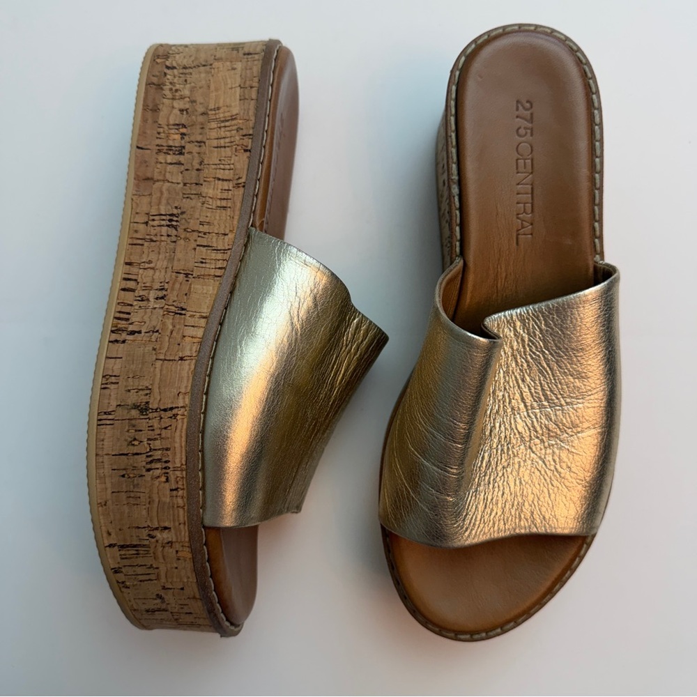 275 Central Gold Leather Platform Sandals, Size 37